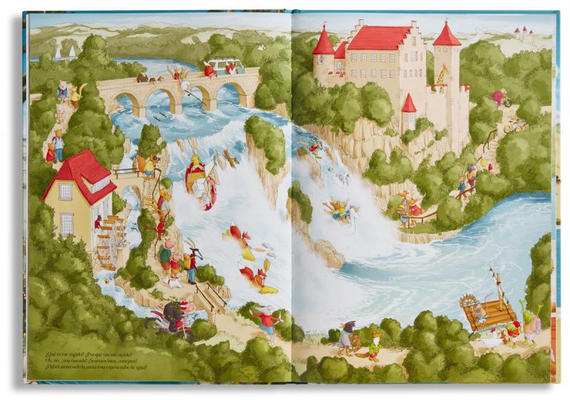 interior del libro con una ilustración del río pasando al lado de un castillo