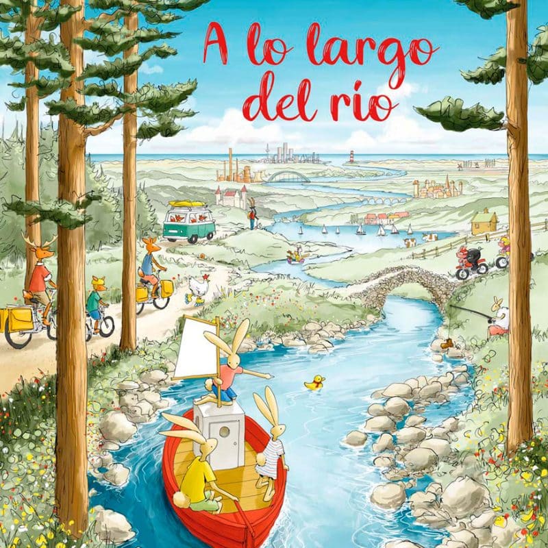 Portada del libro en la que aparece la ilustración de un río en un bosque con personajes alrededor