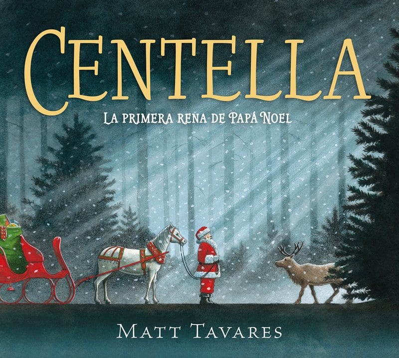 Libros y cuentos ambientados en la Navidad. Portada del cuento en la que aparece Papá Noel encontrándose con un reno en mitad del bosque