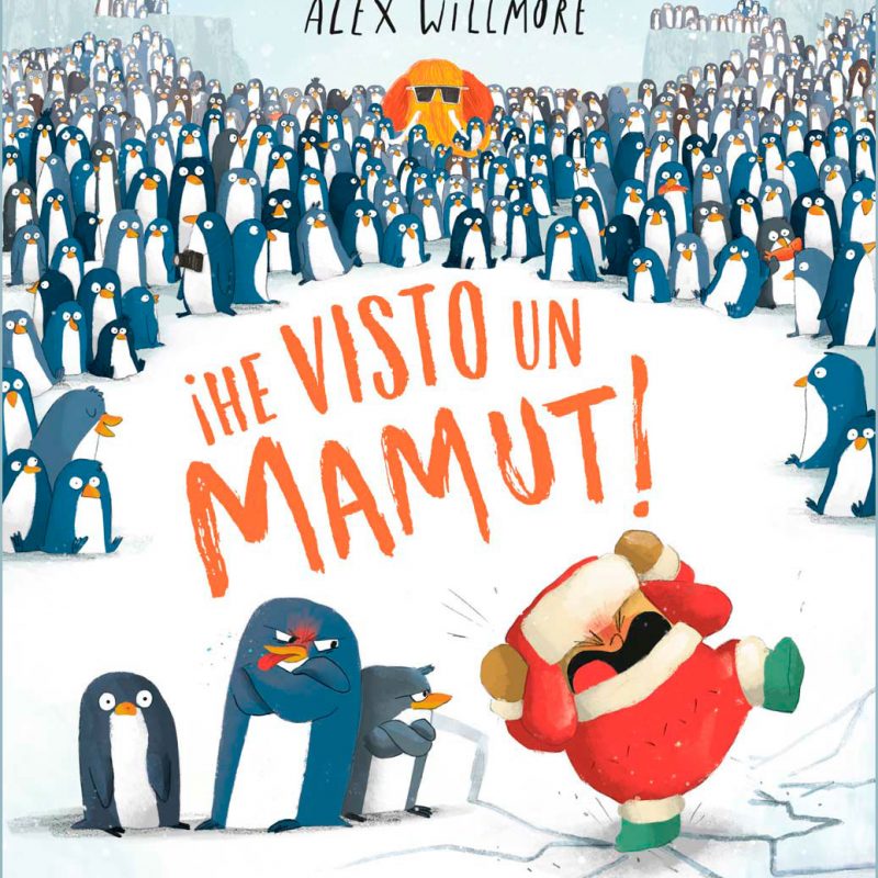 Portada del libro en el que aparece un niño rodeado de un montón de pingüinos y un mamut en el fondo