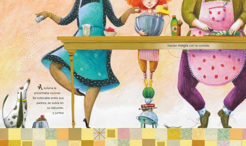 Imagen interior del cuento en el que aparecen los cuerpos de tres personajes cocinando sobre una mesa alta