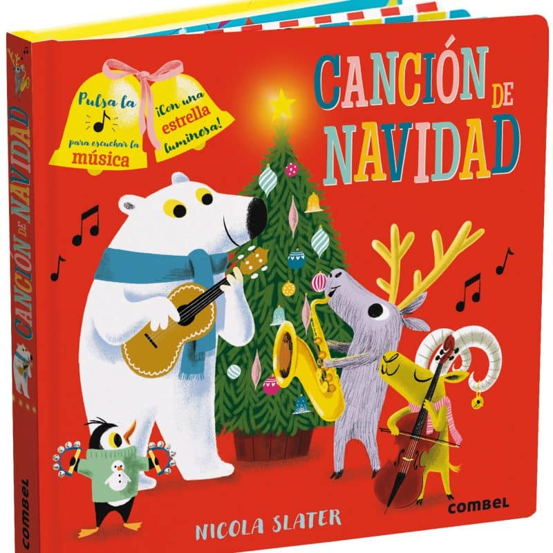 Portada del cuento en la que aparecen ilustrados un montón e animales tocando distintos instrumentos al lado de un árbol de Navidad