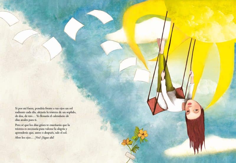 Interior del cuento con la ilustración de una niña en un columpio que cuelga del sol
