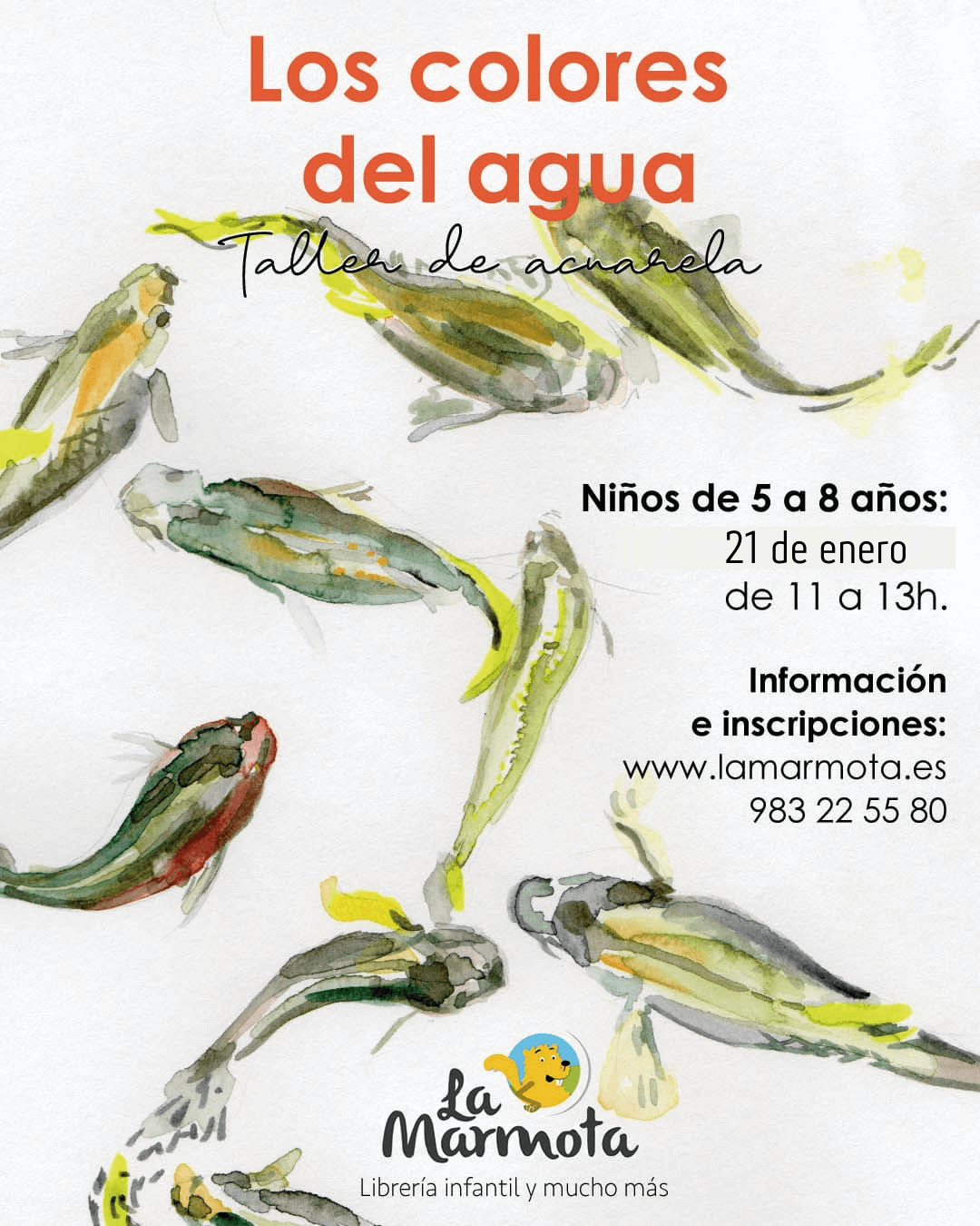 cartel con información del taller en la que aparecen unos peces pintados en acuarela