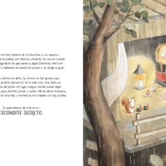 Imagen del interior del cuento en el aparece una niña leyendo en su cuarto mientras mira como llueve fuera