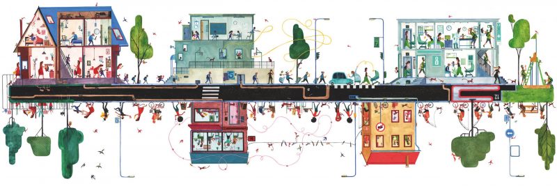 ilustración del interior del libro en la que aparecen un montón de casas por las que viaja la nota
