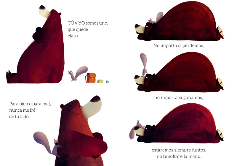 Interior del cuento en el que aparecen distintas escenas con el oso y la ardilla en diferentes posturas