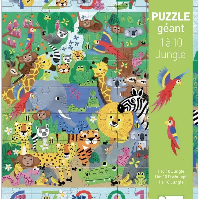 tapa del puzzle en la que aparece un dibujo de una selva con muchos animales